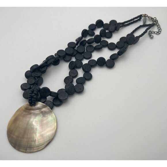 NY & Co Black Beaded Necklace Abalone Shell Statement Pendant Mother of Pearl - Picture 2 of 7